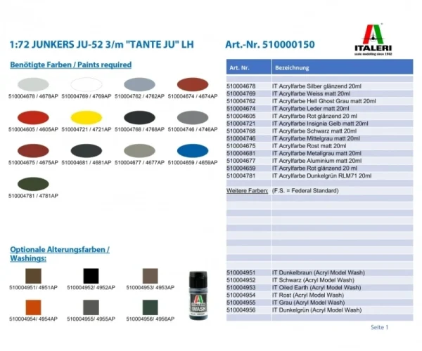 Italeri JUNKERS JU-52 3/m ‘TANTE JU’ LH 1:72 Plastikbausatz 3